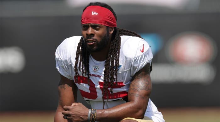 Aug 17, 2020; Santa Clara, CA, USA; San Francisco 49ers cornerback Richard Sherman (25) looks on during training camp at SAP Performance Facility.
